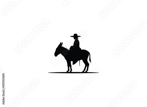 A cowboy riding a donkey against a white background silhouette