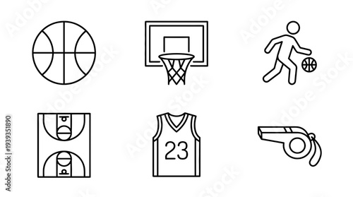 collection of basketball, minimal thin icon vector set , white background , PNG and SVG isolate
