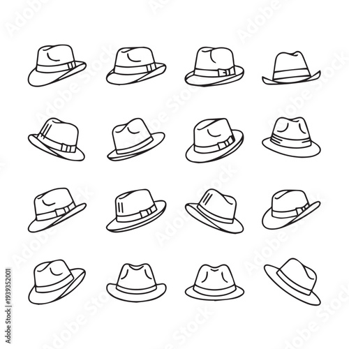 Fedora Hats Collection Simple Line Drawings Isolated on White Background