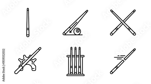 collection of billiards cue, minimal thin icon vector set , white background , PNG and SVG isolate