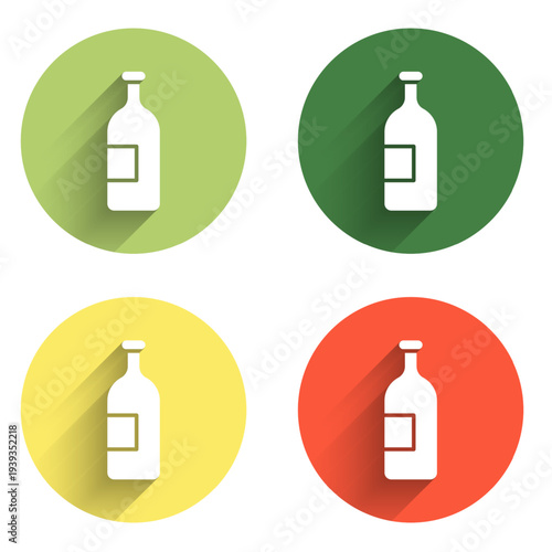 Set Alcohol drink bottle icon isolated with long shadow background. Color circle button. Vector