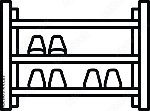 A simple line drawing of a shoe rack with shoes on it.