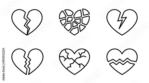 collection of broken heart, minimal thin icon vector set , white background , PNG and SVG isolate