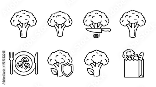 collection of broccoli, minimal thin icon vector set , white background , PNG and SVG isolate