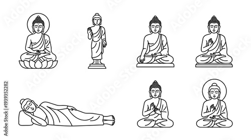 collection of buddha statue, minimal thin icon vector set , white background , PNG and SVG isolate