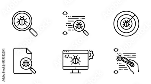 collection of bug search, minimal thin icon vector set , white background , PNG and SVG isolate