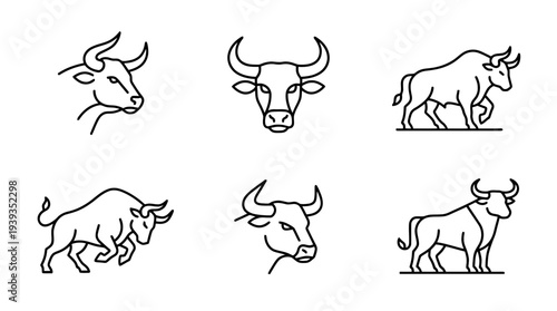 collection of bull, minimal thin icon vector set , white background , PNG and SVG isolate