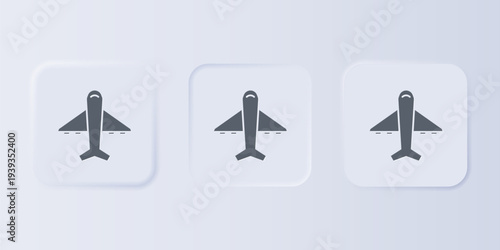 Grey Plane icon isolated on grey background. Flying airplane icon. Airliner sign. Set icons in square buttons. Vector