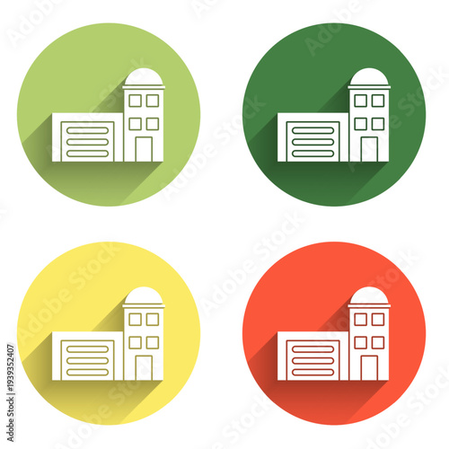 Set Building of fire station icon isolated with long shadow background. Fire department building. Color circle button. Vector
