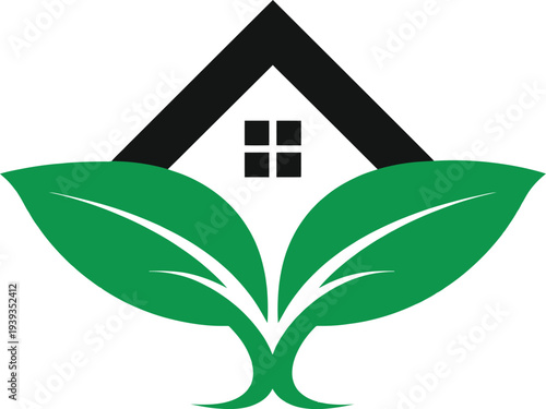 Creative eco house logo featuring green leaves and home roof icon representing sustainable living, green real estate, eco friendly housing and environmental construction businesses.