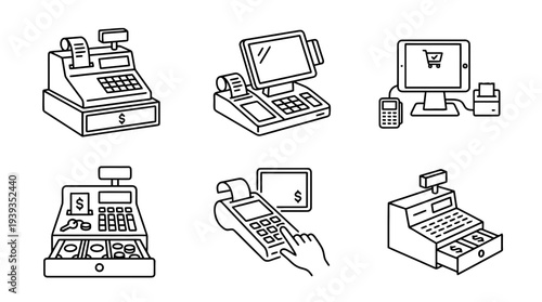 collection of cash register, minimal thin icon vector set , white background , PNG and SVG isolate