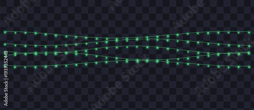 Bright green illumination with multiple strands of twinkling decorative light bulbs