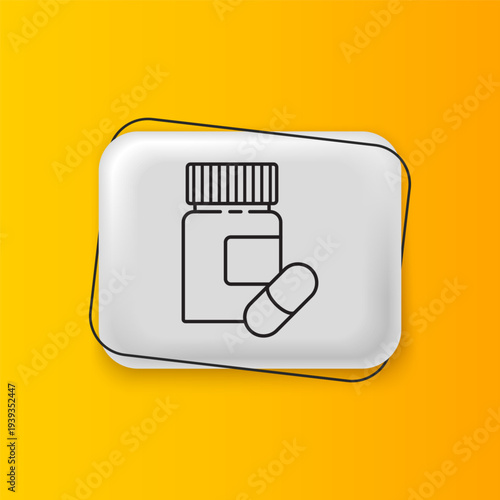 Black Medicine bottle and pills icon isolated on yellow background. Bottle pill sign. Pharmacy design. Silver rectangle button. Vector