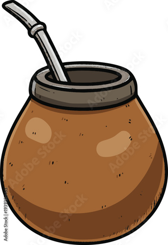hand drawn illustration of a traditional south american mate gourd with a metal straw bombilla featuring a rustic organic style with black fill details and textured shading
