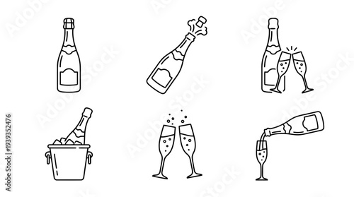 collection of champagne bottle, minimal thin icon vector set , white background , PNG and SVG isolate