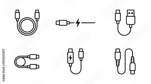 collection of charging cable usbc, minimal thin icon vector set , white background , PNG and SVG isolate