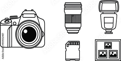 Camera, Lens, Flash, Memory Card & Photo Frame Icons - Photography Equipment Set