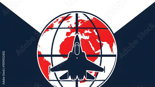 Military jet fighter silhouette over red global map background, international defense and air force power concept.