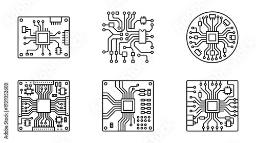 collection of circuit board, minimal thin icon vector set , white background , PNG and SVG isolate