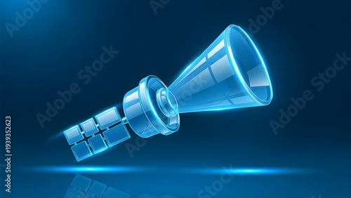 Futuristic blue satellite with glowing light effect in space, advanced telecommunication and global surveillance technology.