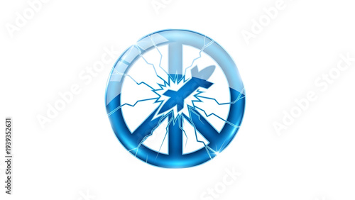 Abstract glowing blue peace sign with electric lightning effect and missile, modern digital anti-war concept.