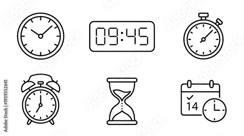 collection of clock time, minimal thin icon vector set , white background , PNG and SVG isolate