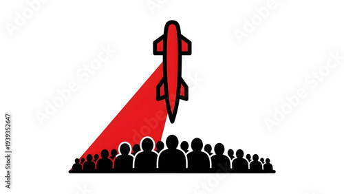 Red missile silhouette flying over a crowd of people, threat of nuclear war and public safety concept.