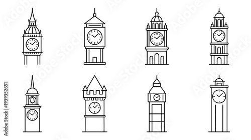 collection of clock tower, minimal thin icon vector set , white background , PNG and SVG isolate