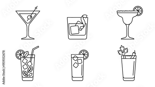 collection of cocktail drink, minimal thin icon vector set , white background , PNG and SVG isolate