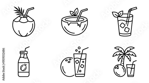 collection of coconut water, minimal thin icon vector set , white background , PNG and SVG isolate