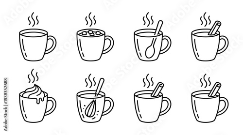 collection of cocoa mug, minimal thin icon vector set , white background , PNG and SVG isolate