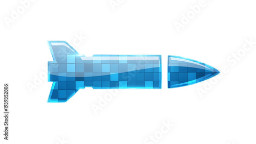 Digital illustration of a blue crystal missile or rocket body part, modern defense technology concept isolated on white.