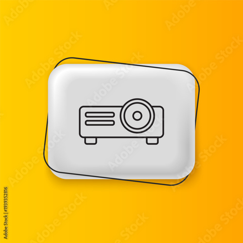 Black Presentation, movie, film, media projector icon isolated on yellow background. Silver rectangle button. Vector