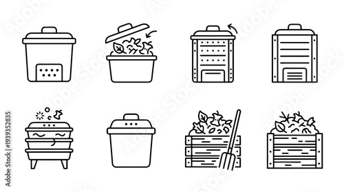 collection of compost bin, minimal thin icon vector set , white background , PNG and SVG isolate