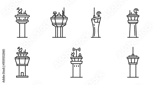 collection of control tower, minimal thin icon vector set , white background , PNG and SVG isolate