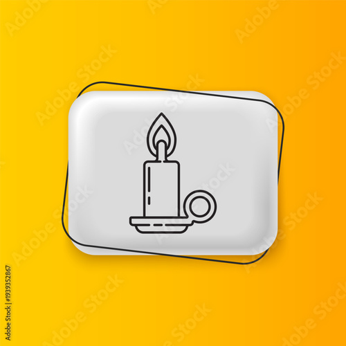 Black Burning candle in candlestick icon isolated on yellow background. Cylindrical candle stick with burning flame. Silver rectangle button. Vector