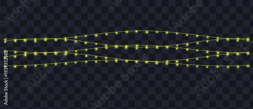 Bright green string lights with glowing bulbs form a festive wavy pattern on a dark