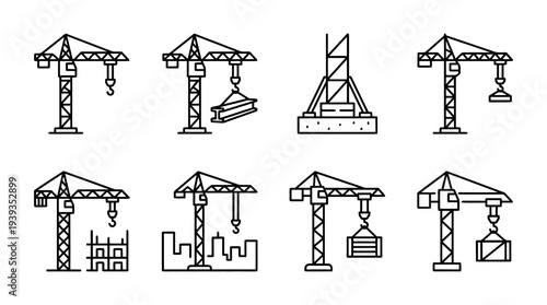 collection of crane tower, minimal thin icon vector set , white background , PNG and SVG isolate