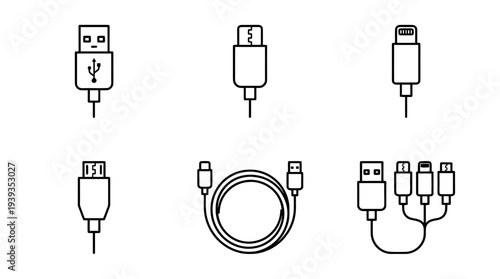 collection of data cable, minimal thin icon vector set , white background , PNG and SVG isolate