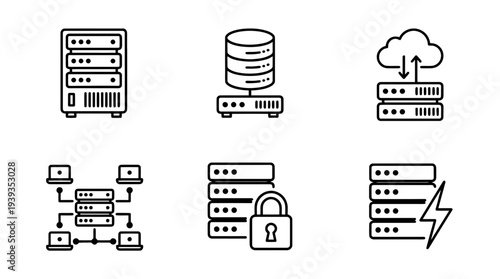 collection of database server, minimal thin icon vector set , white background , PNG and SVG isolate