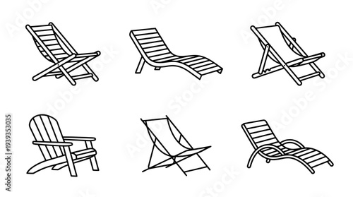collection of deck chair, minimal thin icon vector set , white background , PNG and SVG isolate