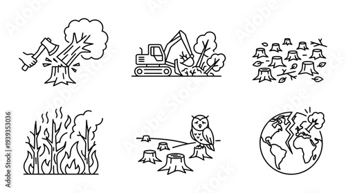 collection of deforestation, minimal thin icon vector set , white background , PNG and SVG isolate