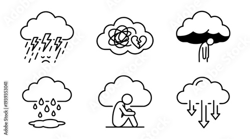 collection of depression cloud, minimal thin icon vector set , white background , PNG and SVG isolate