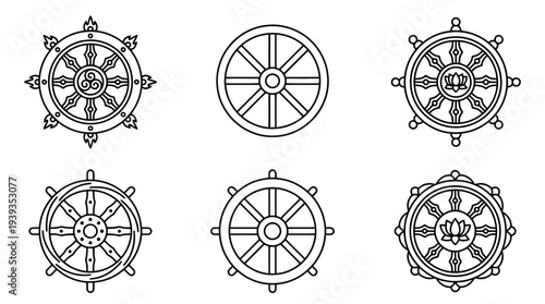 collection of dharma wheel, minimal thin icon vector set , white background , PNG and SVG isolate