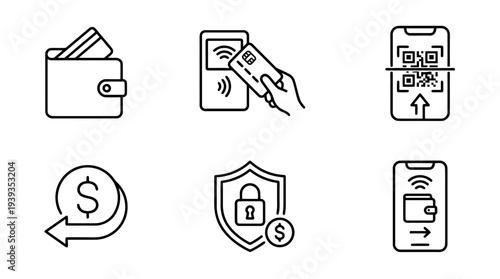 collection of digital wallet, minimal thin icon vector set , white background , PNG and SVG isolate