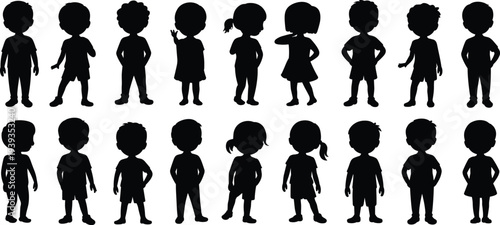 Children silhouette collection, kids standing poses, boys and girls outline figures, child shadow characters, playful youth shapes illustration set