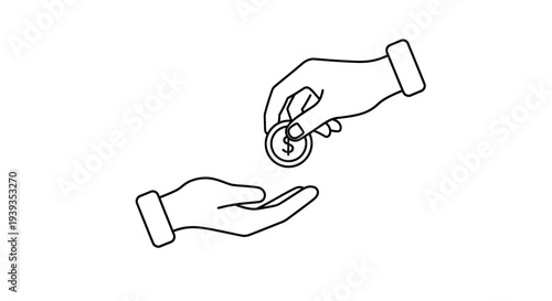 Hands exchanging a dollar coin.