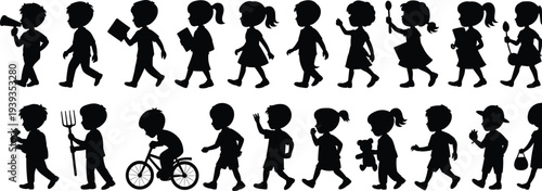 Children silhouette set walking playing learning daily activities toys books bicycle outdoor childhood concept isolated on white background illustration