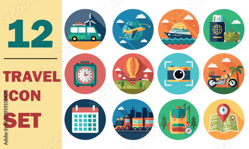 Travel Icon Set with Airplane, Cruise Ship, Passport, Camera, Calendar, Train, Backpack and Adventure Tourism Flat Vector