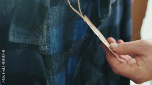 Paper tag on organic cotton clothing showing natural material label.